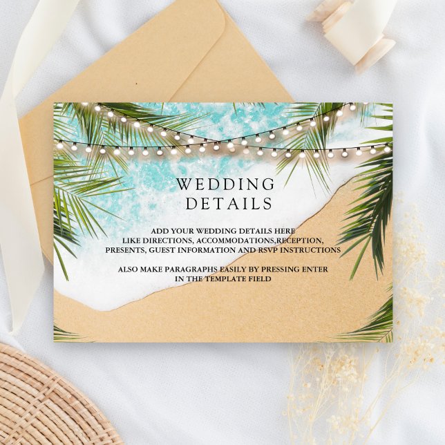 Tropical Beach Palm String Lights Wedding Details Begleitkarte (Von Creator hochgeladen)