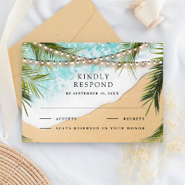 Tropical Beach Palm String Lights Wedding RSVP Karte