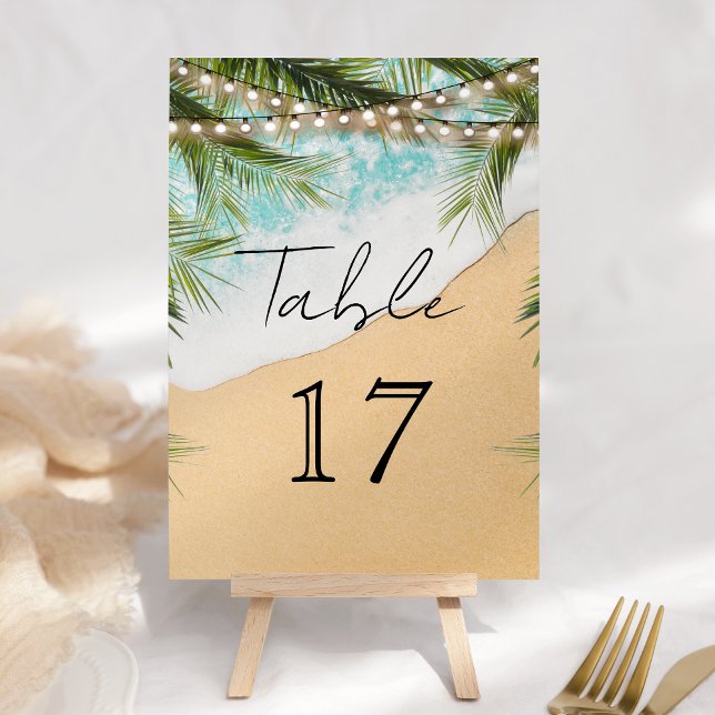 Tropical Beach Palm String Lights Wedding Tischnummer (Von Creator hochgeladen)