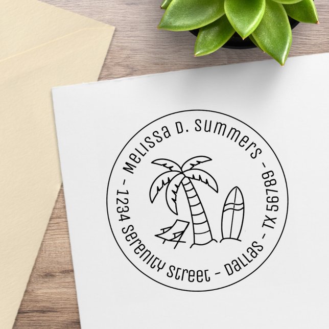 Tropical Beach Palm Surfboard Round Address Gummistempel (Von Creator hochgeladen)