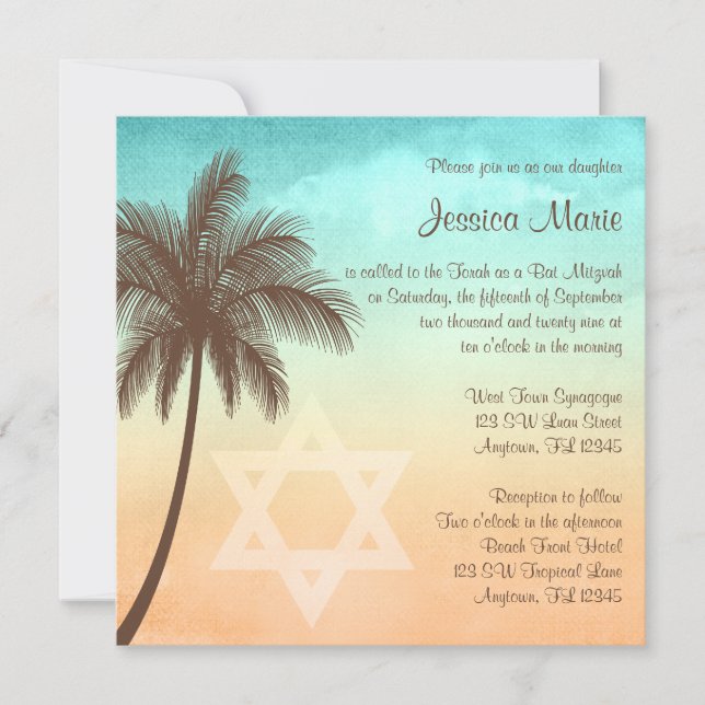 Tropical Beach Palm Tree Bat Mitzvah Einladungen (Vorderseite)