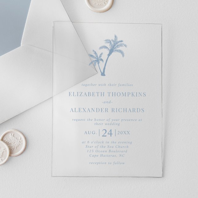 Tropical Beach Palm Tree Dusty Blue Wedding Acryleinladungen (Von Creator hochgeladen)