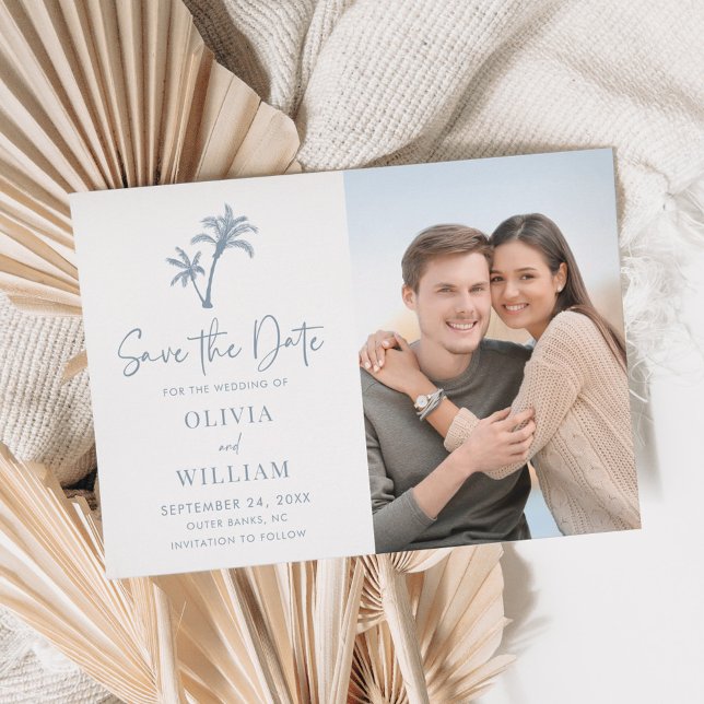 Tropical Beach Palm Tree Dusty Blue Wedding Foto Save The Date (Von Creator hochgeladen)