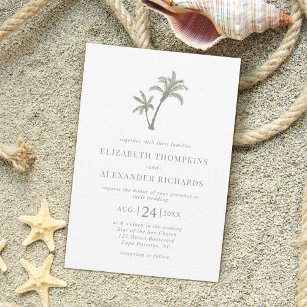 Tropical Beach Palm Tree Sage Green Wedding Einladung