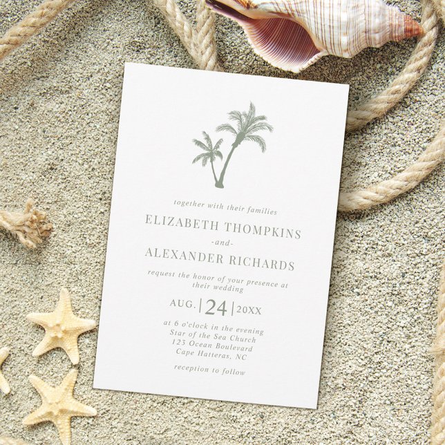 Tropical Beach Palm Tree Sage Green Wedding Einladung (Von Creator hochgeladen)