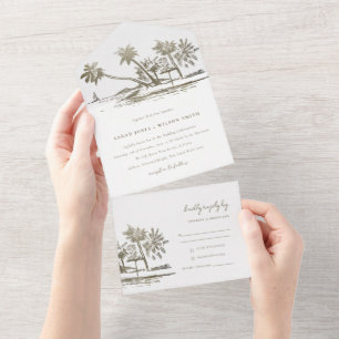 Tropical Beach Palm Tree Sketch Pale Gold Hochzeit All In One Einladung