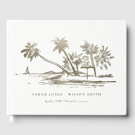 Tropical Beach Palm Tree Sketch Pale Gold Hochzeit Gästebuch
