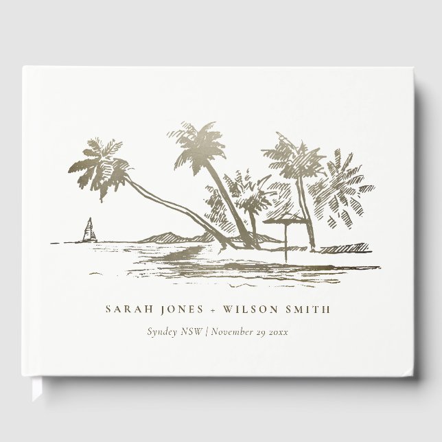 Tropical Beach Palm Tree Sketch Pale Gold Hochzeit Gästebuch (Vorderseite)