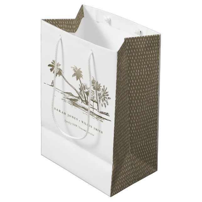 Tropical Beach Palm Tree Sketch Pale Gold Hochzeit Mittlere Geschenktüte (Vorderseite Schrägansicht)