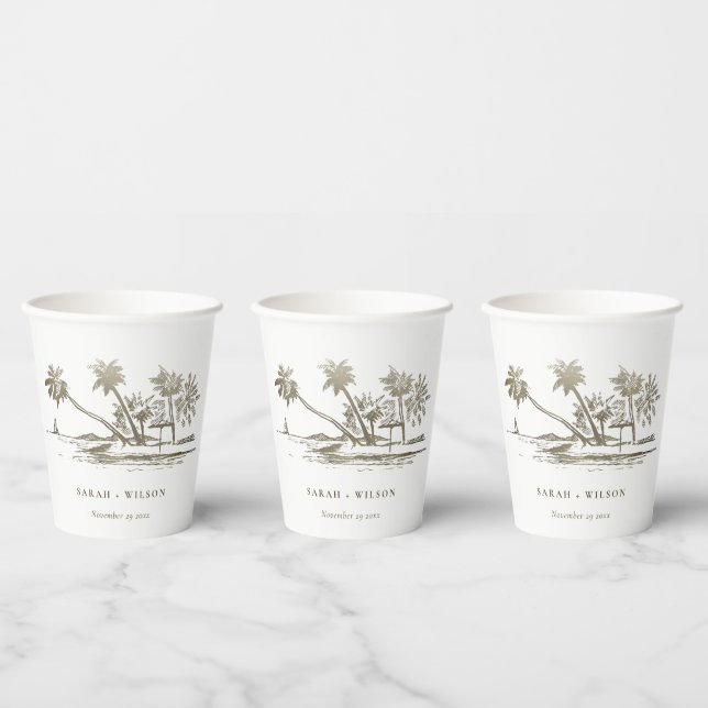Tropical Beach Palm Tree Sketch Pale Gold Hochzeit Pappbecher (Multi)