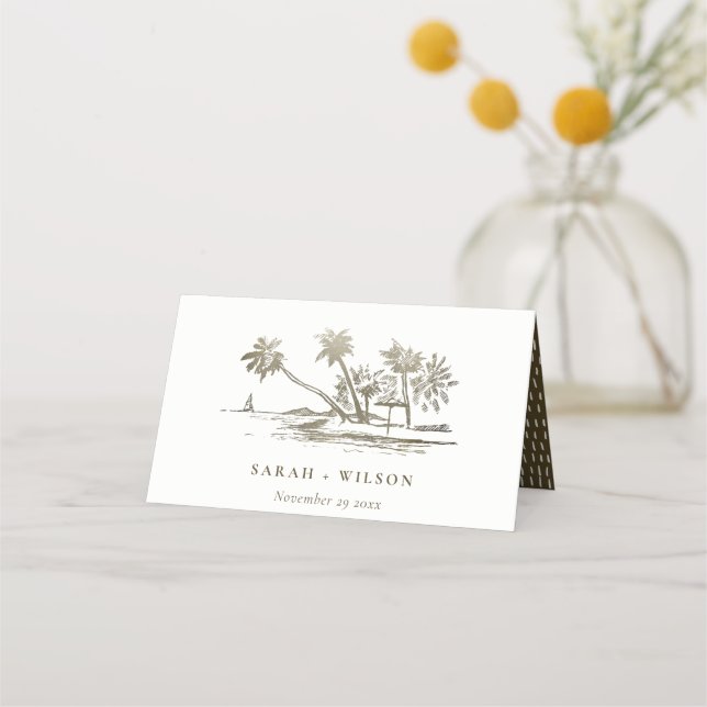 Tropical Beach Palm Tree Sketch Pale Gold Hochzeit Platzkarte (Vorderseite)