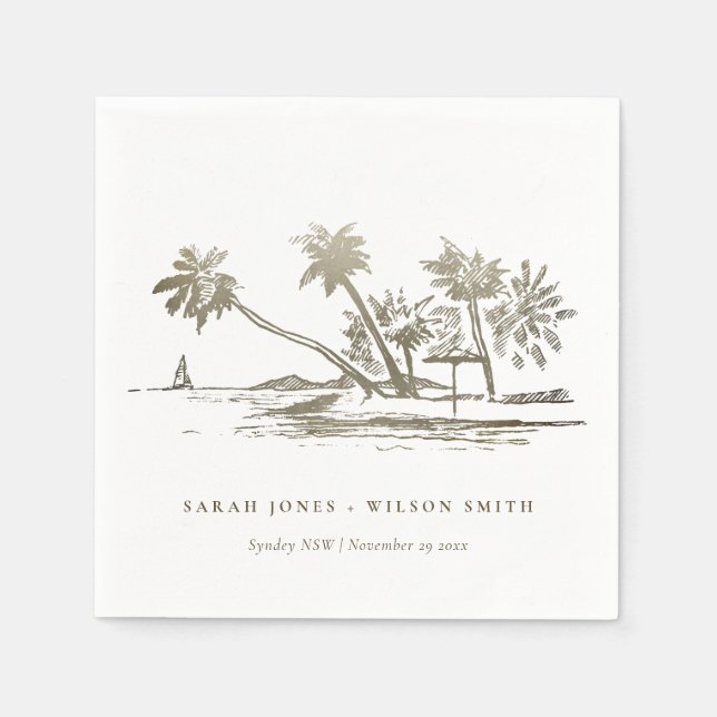 Tropical Beach Palm Tree Sketch Pale Gold Hochzeit Serviette (Vorderseite)