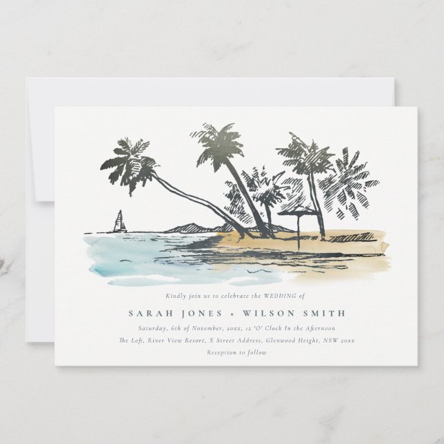 Tropical Beach Palm Tree Sketch Wasserfarbenhochze Einladung (Vorderseite)