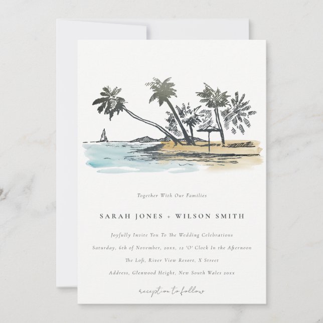 Tropical Beach Palm Tree Sketch Wasserfarbenhochze Einladung (Vorderseite)