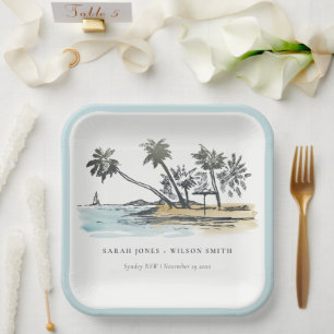 Tropical Beach Palm Tree Sketch Wasserfarbenhochze Pappteller