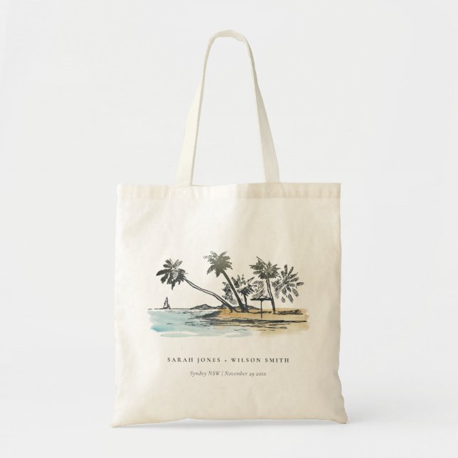 Tropical Beach Palm Tree Sketch Wasserfarbenhochze Tragetasche (Vorne)