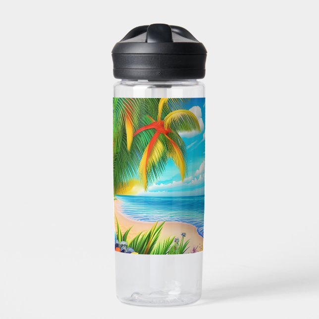 Tropical Beach Palm Tree Szene Trinkflasche (Vorderseite)