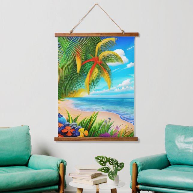 Tropical Beach Palm Tree Szene Wandteppich Mit Holzrahmen (Wohnzimmer)