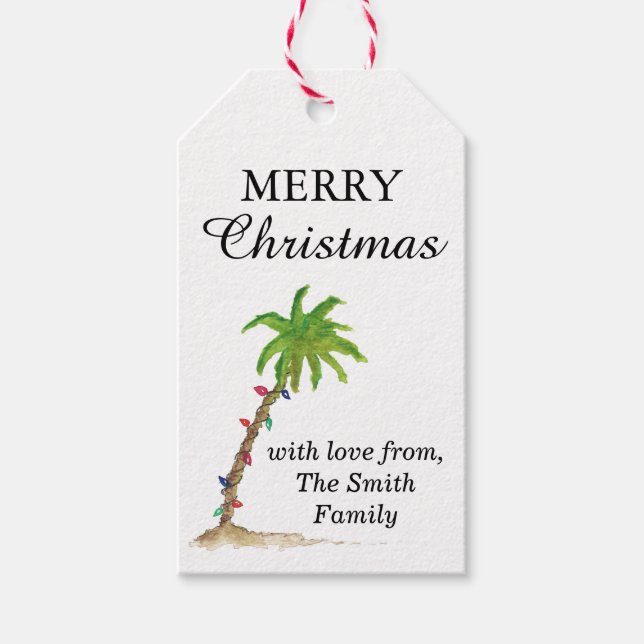 Tropical Beach Palm Tree Wasserfarben Weihnachten  Geschenkanhänger (Vorderseite)
