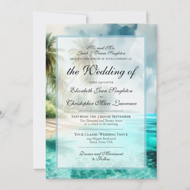 Tropical Beach & Palm Trees Formal Wedding Einladung (Vorderseite)