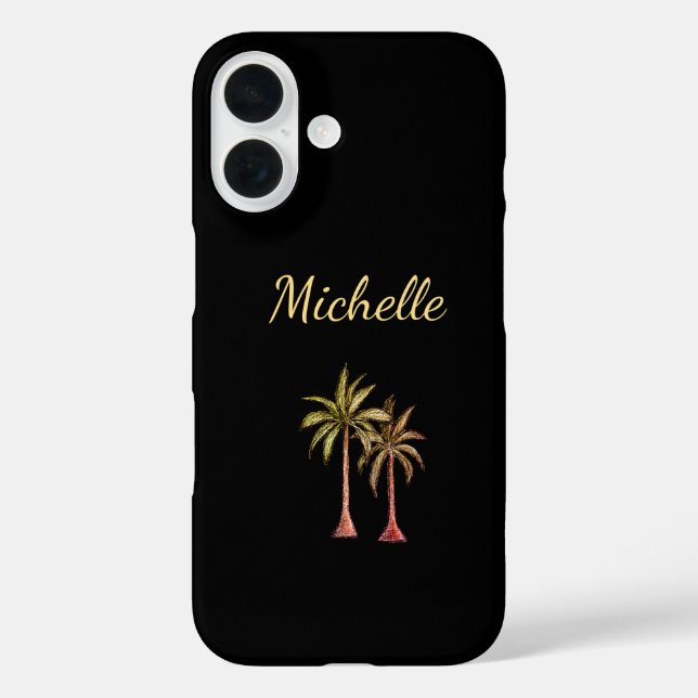 Tropical Beach Palm Trees Gold Script Black iPhone 16 Hülle (Rückseite)