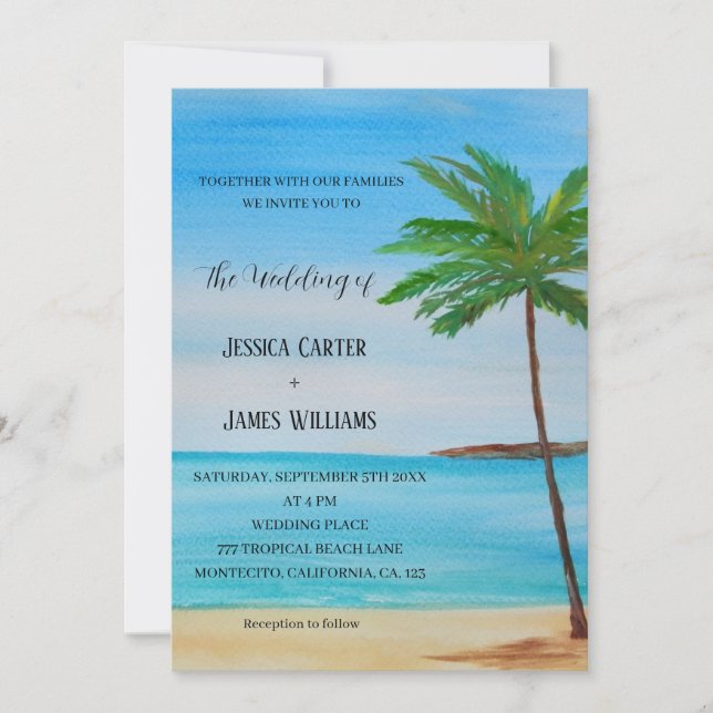 Tropical Beach Palm Trees Hochzeit in Urlaubsort Einladung (Vorderseite)