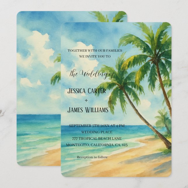 Tropical Beach Palm Trees Hochzeit in Urlaubsort Einladung (Vorne/Hinten)