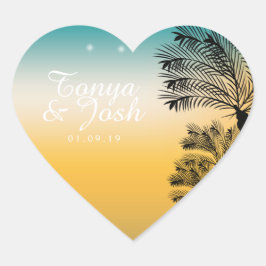Tropical Beach Palm Trees Sonnenuntergang Hochzeit Herz-Aufkleber