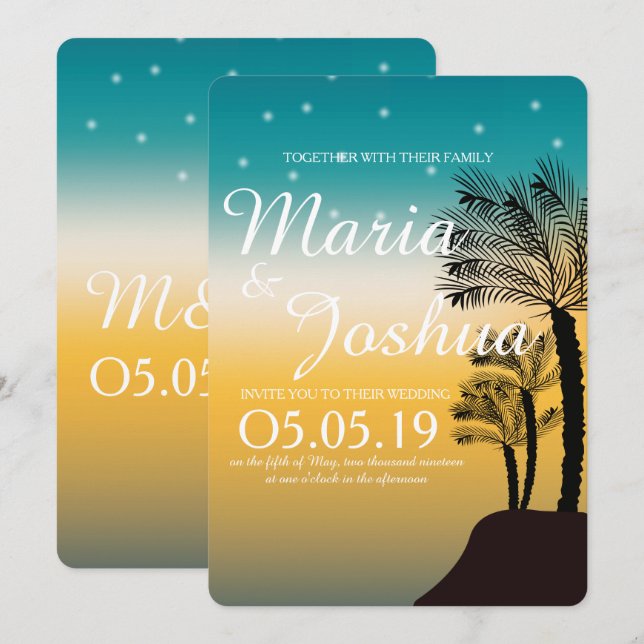 Tropical Beach Palm Trees Starry Lights Hochzeit Einladung (Vorne/Hinten)