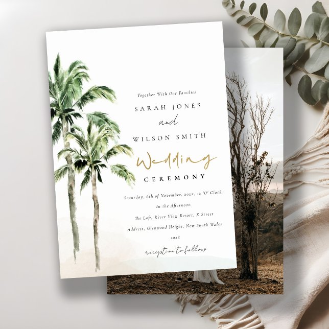 Tropical Beach Palm Trees Watercolor Wedding Foto Einladung (Von Creator hochgeladen)
