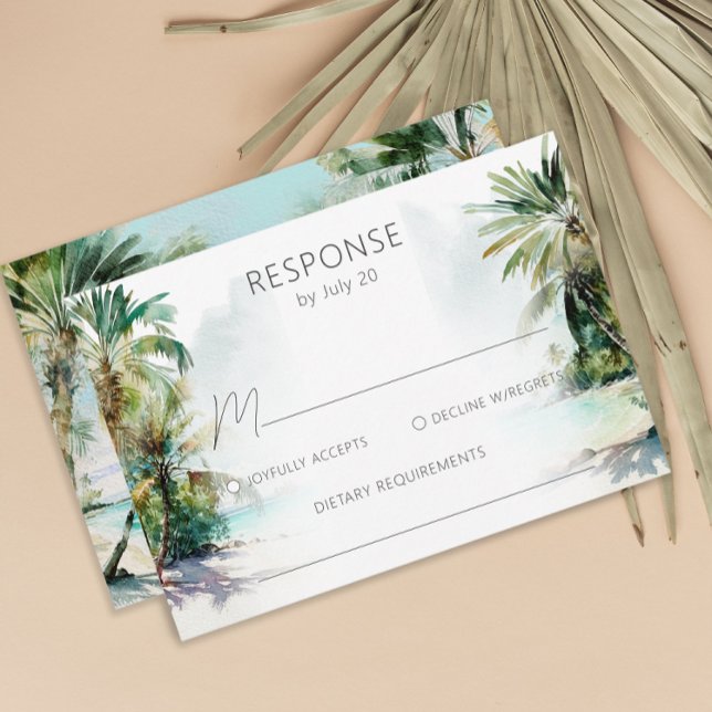 Tropical Beach Palm Trees Wedding RSVP Card (Von Creator hochgeladen)