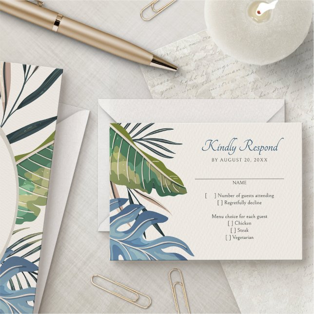 Tropical Beach Palm Wedding RSVP Karte (Von Creator hochgeladen)