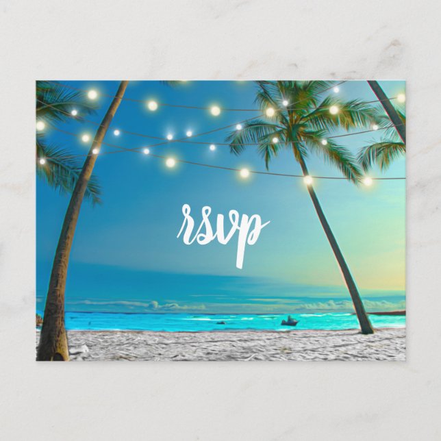 Tropical Beach Palms String Lights Rücksendeadress Einladungspostkarte (Vorderseite)