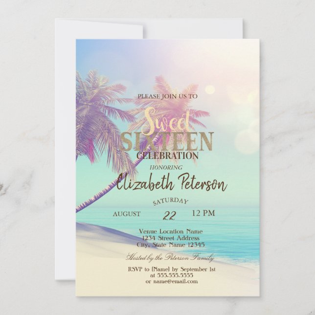 Tropical Beach Palms Summer Sweet 16 Party Einladung (Vorderseite)