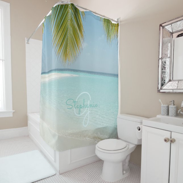 Tropical Beach Paradise Monogram Chic Palm Tree Duschvorhang (Beispiel)