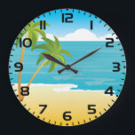 Tropical Beach Paradise with Palm Trees Große Wanduhr<br><div class="desc">Keep track of island time with this tropical beach wall clock. This decorative timepiece features a serene minimalist illustration of palm trees and a sunny ocean horizon, bringing a relaxing vacation feel to your kitchen, office, or bedroom. The high quality print and vibrant blue tones serve as a functional piece...</div>