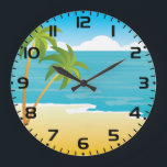 Tropical Beach Paradise with Palm Trees Große Wanduhr<br><div class="desc">Keep track of island time with this tropical beach wall clock. This decorative timepiece features a serene minimalist illustration of palm trees and a sunny ocean horizon, bringing a relaxing vacation feel to your kitchen, office, or bedroom. The high quality print and vibrant blue tones serve as a functional piece...</div>