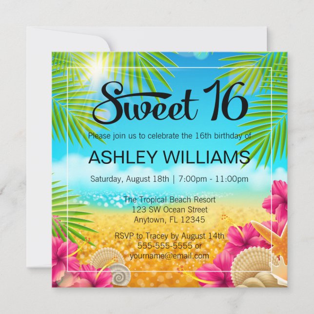 Tropical Beach Pink Hibiskus Sweet 16 Geburtstag Einladung (Vorderseite)