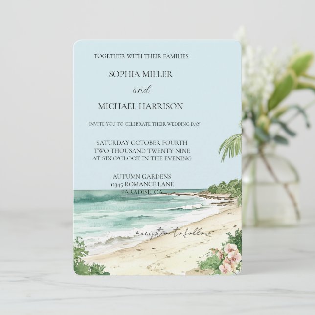 Tropical Beach Pink Orchid Floral Wedding Einladung (Stehend Vorderseite)