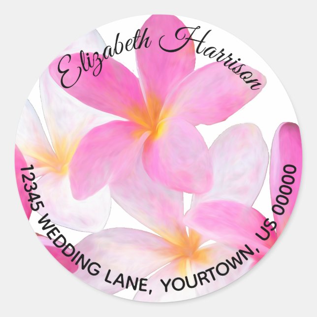 Tropical Beach Pink Plumeria Rücksendeadresse Runder Aufkleber (Vorderseite)