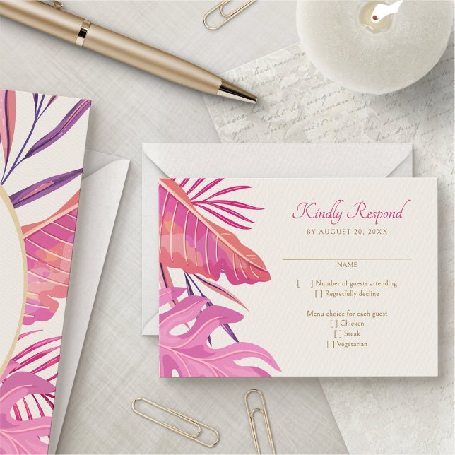 Tropical Beach Pink Wedding RSVP Karte (Von Creator hochgeladen)