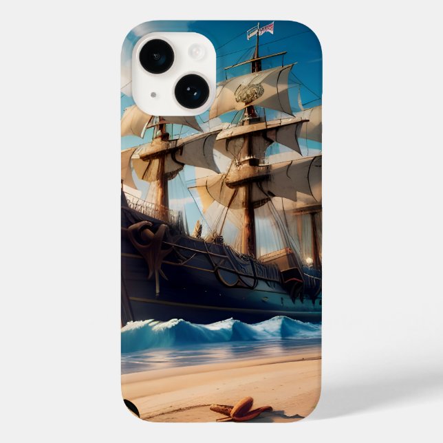 Tropical Beach Pirate Ship Case-Mate iPhone 14 Hülle (Rückseite)