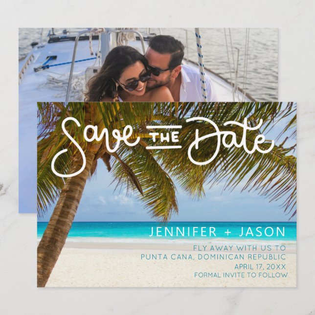 Tropical Beach Punta Cana Dominikanische Hochzeit Save The Date (Vorne/Hinten)