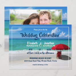 Tropical Beach Red Umbrella Modernes Foto Hochzeit Einladung