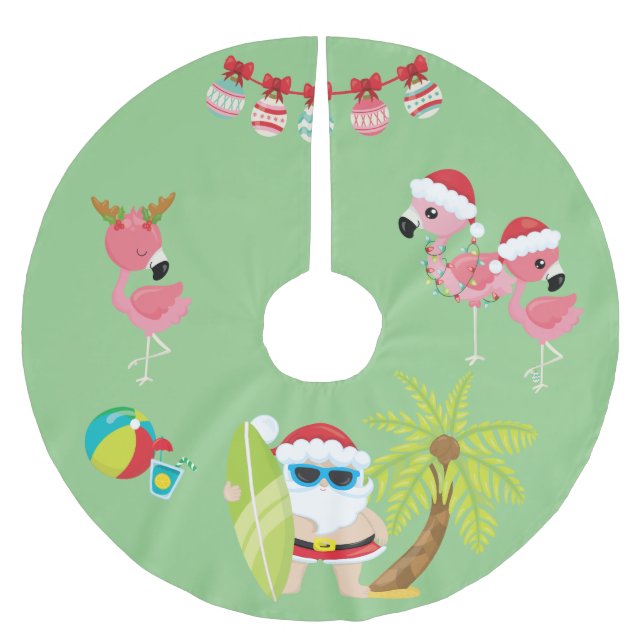 Tropical Beach Santa and Flamingos Polyester Weihnachtsbaumdecke (Vorderseite)