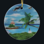 Tropical Beach Scene Art Print Keramik Ornament<br><div class="desc">Tropical Beach Scene Art Print Escape zum Paradies mit unserer Tropical Beach Scene Art Print. Dieses idyllische Küstenkunstwerk vereint wunderbar das Wesen eines tropischen Strandes mit seinen schwebenden Palmen, einer hübschen Strohhütte und einer landschaftlichen Anlegestelle. Eine Frau in einem fließenden weißen Kleid spaziert entlang des Ufers, umgeben von üppiger Vegetation,...</div>