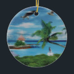 Tropical Beach Scene Art Print Keramik Ornament<br><div class="desc">Tropical Beach Scene Art Print Escape zum Paradies mit unserer Tropical Beach Scene Art Print. Dieses idyllische Küstenkunstwerk vereint wunderbar das Wesen eines tropischen Strandes mit seinen schwebenden Palmen, einer hübschen Strohhütte und einer landschaftlichen Anlegestelle. Eine Frau in einem fließenden weißen Kleid spaziert entlang des Ufers, umgeben von üppiger Vegetation,...</div>