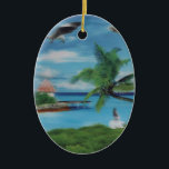 Tropical Beach Scene Art Print Keramik Ornament<br><div class="desc">Tropical Beach Scene Art Print Escape zum Paradies mit unserer Tropical Beach Scene Art Print. Dieses idyllische Küstenkunstwerk vereint wunderbar das Wesen eines tropischen Strandes mit seinen schwebenden Palmen, einer hübschen Strohhütte und einer landschaftlichen Anlegestelle. Eine Frau in einem fließenden weißen Kleid spaziert entlang des Ufers, umgeben von üppiger Vegetation,...</div>