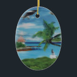 Tropical Beach Scene Art Print Keramik Ornament<br><div class="desc">Tropical Beach Scene Art Print Escape zum Paradies mit unserer Tropical Beach Scene Art Print. Dieses idyllische Küstenkunstwerk vereint wunderbar das Wesen eines tropischen Strandes mit seinen schwebenden Palmen, einer hübschen Strohhütte und einer landschaftlichen Anlegestelle. Eine Frau in einem fließenden weißen Kleid spaziert entlang des Ufers, umgeben von üppiger Vegetation,...</div>