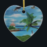 Tropical Beach Scene Art Print Keramikornament<br><div class="desc">Tropical Beach Scene Art Print Escape zum Paradies mit unserer Tropical Beach Scene Art Print. Dieses idyllische Küstenkunstwerk vereint wunderbar das Wesen eines tropischen Strandes mit seinen schwebenden Palmen, einer hübschen Strohhütte und einer landschaftlichen Anlegestelle. Eine Frau in einem fließenden weißen Kleid spaziert entlang des Ufers, umgeben von üppiger Vegetation,...</div>